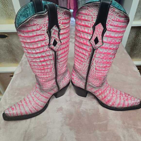 Corral Pink Full Caiman Hand Painted Pink Cowboy Boots Size 6.5 - Picture 4 of 11